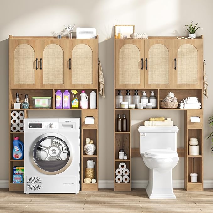 Vabches Over The Toilet Storage Cabinet,Farmhouse Over Toilet Bathroom Organizer with 3 Barn Doors & Toilet Paper Holder Stand,Home Space-Saving Toilet Rack with Shelves,for Bathroom,Restroom,Laundry