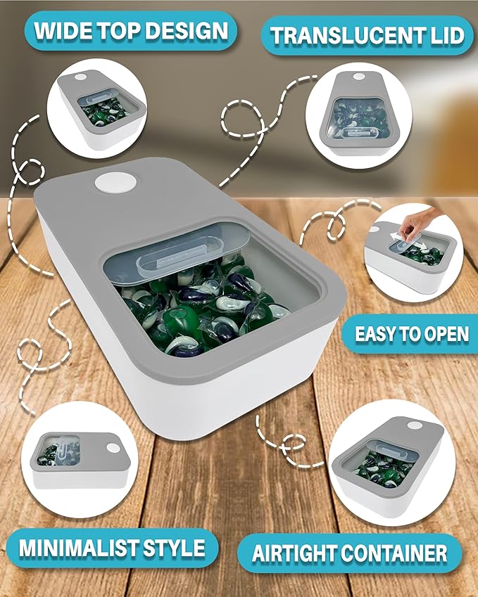 Skywin Large Laundry Pods Container with Slide Lid, 2 Pack Laundry Pod Holder 15 x 8.7 x 4.5 In, Holds 11 lbs OR 120-150 Pods, Laundry Pod Container, Dishwasher Pods Container (Grey)