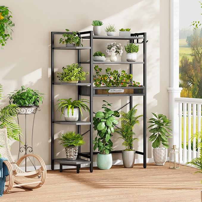 K1 Heavy Duty 7-Tier Over The Toilet Storage(with Basket and Paper Hook) Freestanding Above Toilet Shelf with Adjustable Feet,Space Saver Bathroom Shelves 9.3" D x 33.5" W x 63.8" H,Grey