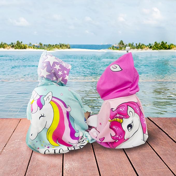 Hooded Kids Beach Towels - Toddler Bath Towel Girls Boys Swim Cover-ups for Ages 4 to 10 Kids Pool Towels Quick Dry Lightweight Soft Microfiber Poncho 30x30 with Bag (Pink Unicorn)