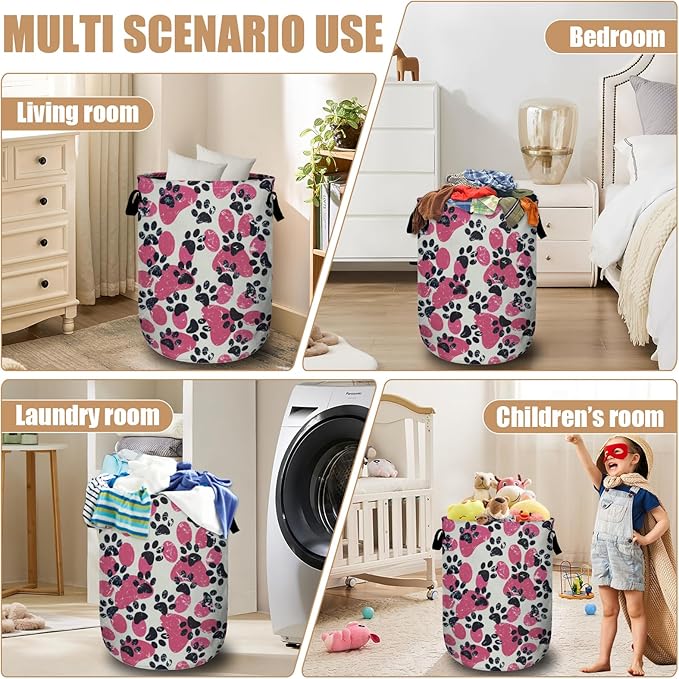 Pink Paw Print Laundry Basket, Foldable Waterproof Laundry Hamper Tote Bag Dirty Clothes Storage Bucket Toy Organizer for Bathroom/Laundry/Bedroom 15.7"x19.6"