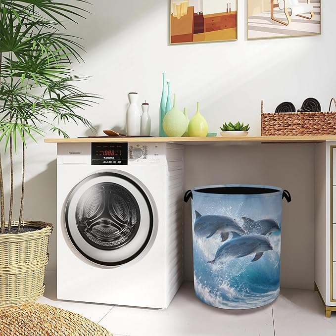 Dolphin Laundry Basket,Ocean Foldable Oxford Cloth Tote Bag Laundry Hamper Clothes Storage Bucket Organizer for Bedroom Laundry Storage Dormitories 16" x 20.8"