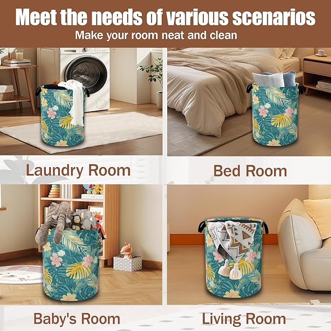 Hawaiian Laundry Hamper, Tropical Palm Leaves Collapsible Laundry Baskets Waterproof Oxford Cloth With Handles,Clothes Storage Bucket Toy Organizer For Bathroom/Nursery/Bedroom 16" x 20.8"