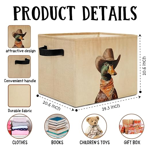 Western Cowboy Mallard Duck Storage Bins Box with Handles, Mallard Duck Nursery Decor, Ducks Laundry Basket Hamper Collapsible Clothes Toys Organizer for Kids Boys Bedroom Bathroom
