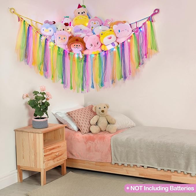 FIOBEE Stuffed Animals Net or Hammock with LED Light, Toy Hammock Hanging Stuffed Animals Storage Organizer Holder Room Décor for Nursery Kids Bedroom
