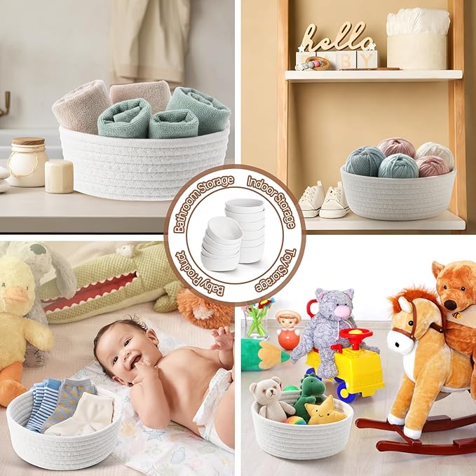 Yinkin 12 Pack Small Storage Basket Cute Natural Cotton Rope Woven Basket Tiny Boho Decorative Toy Storage Bin Gift Baskets for Home Organizing, Closet, Shelf, Nursery, Bathroom(Round,Beige)
