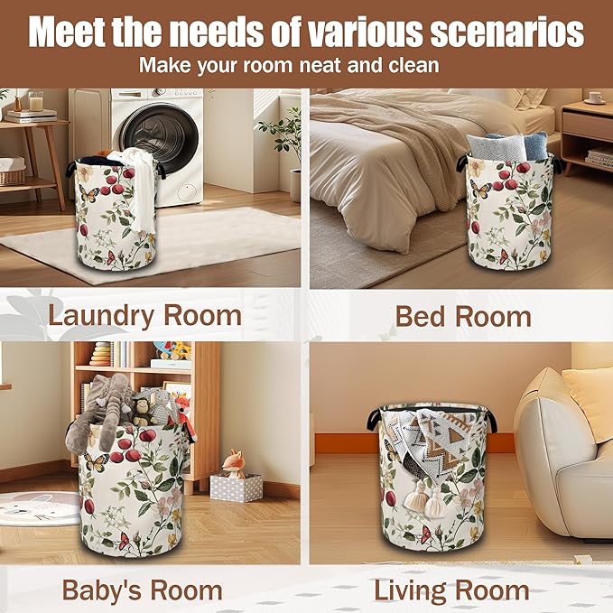 Vintage Flower Butterfly Laundry Baskets,Botanical Floral Laundry Hamper,Storage Basket with Handles for Bathroom Bedroom College Dormitory Living Room Nursery Organizer 16"x20.8"