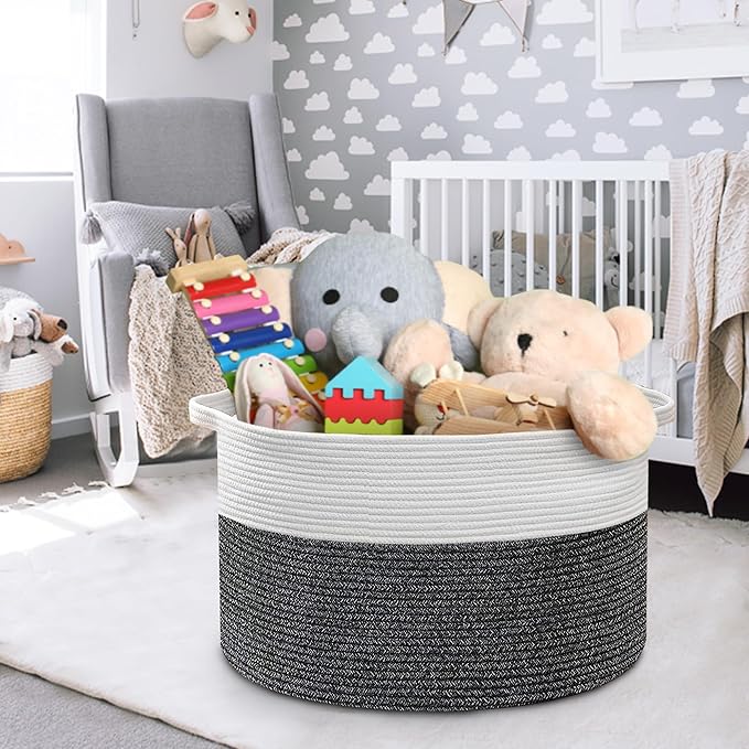 Large Throw Blanket Basket, 22" X 22" X 14" XXXL Blanket Holder for Living Room, Big Wicker Baskets for Storage, Woven Cotton Rope Kids Toy Box, Throw Pillow Holder Organizer Bin