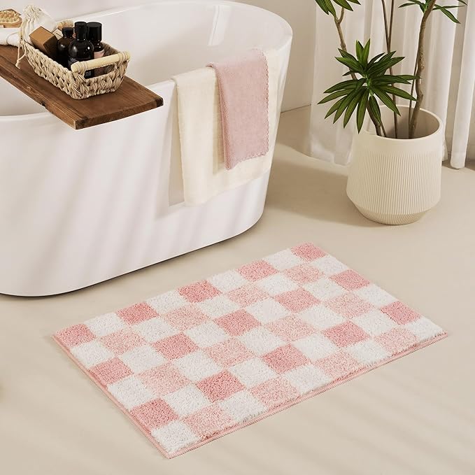 GRANNY SAYS Checkered Pink Bathroom Rugs Decor, 36" x 24", Fluffy Rug, Absorbent Microfiber Ultra Soft Bath Mat Washable, Non-Slip Bath Mats for Bathroom, Cute Floor Mat for Tub, Shower, Bedroom