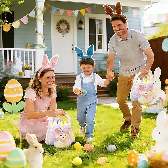Easter Bunny Basket for Kids, Cute Bunny Plush Tote Bucket for Boys Girls, Fluffy Easter Egg Hunt Bag Soft Fabric Tote Bags for Candy Gifts Storage (Multicolor)