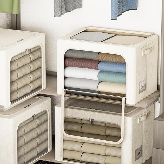 4 Pack Clothes Storage Bins with Metal Frame - 36L Stackable Storage Box with Lid,Foldable Storage Container Organizer for Clothes,Linen Fabric Storage Box with Clear Window&Zippers&Handles