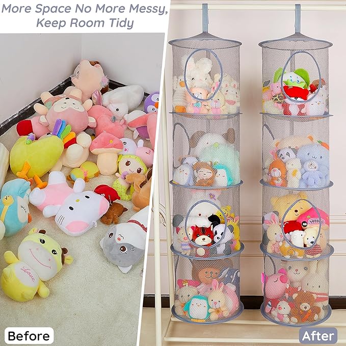 Basumee Stuffed Animals Net or Hammock 2 Pcs Stuffed Animals Storage Toy Net Hammock for Plushies Storage Organizer Mesh Kids Girls Room Decor, Gray, 4 Tiers