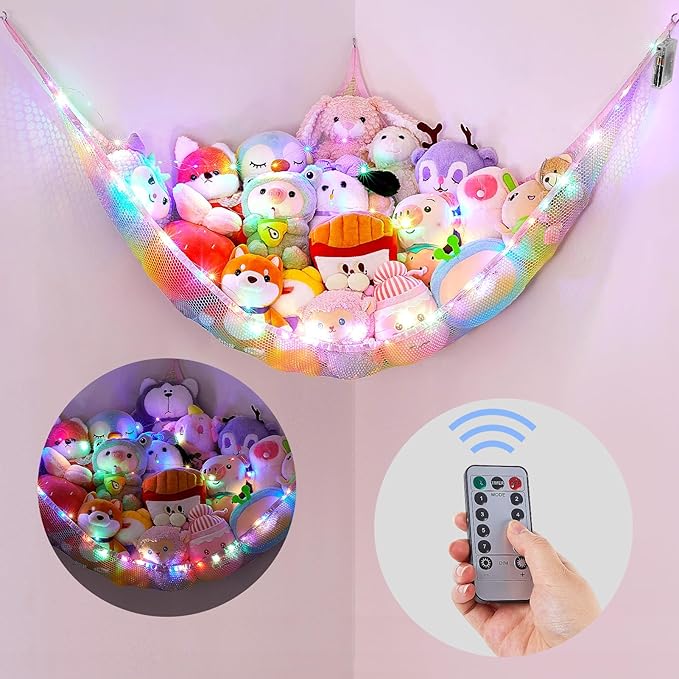 Basumee Stuffed Animals Net or Hammock with LED Light Hanging Toy Net Hammock for Stuffed Animals Storage Stuff Animals Hammocks for Nursery Room with Remote Control, 8 Kinds of Lights(Pack of 1)
