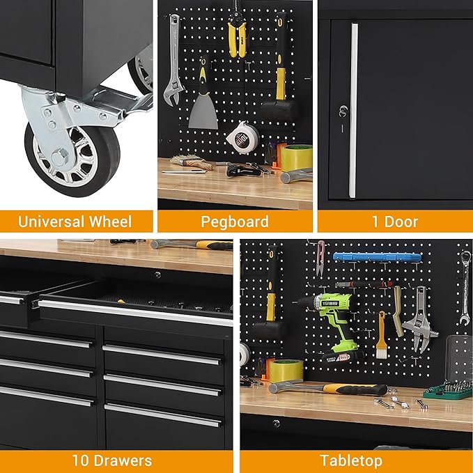 61" Rolling Tool Chest with 10 Drawers, Workbench Cabinet with Power Strip, Solid Rubber Wood Top, 1675 LBS Load, Mobile Heavy Duty Garage Storage, Locking Wheels
