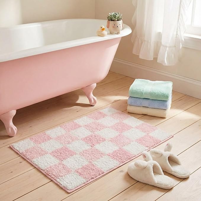 GRANNY SAYS Checkered Pink Bathroom Rugs Decor,32" x 20",Fluffy Rug, Absorbent Microfiber Ultra Soft Bath Mat Washable, Non-Slip Bath Mats for Bathroom, Cute Floor Mat for Tub, Shower, Bedroom