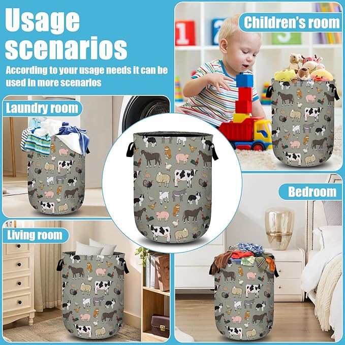 Funny Farm Animal Laundry Basket, Laundry Hamper Collapsible Oxford Cloth with Handle Clothes Toy Storage Bin for Bathroom Laundry Room Bedroom 15.7 X 20 Inch