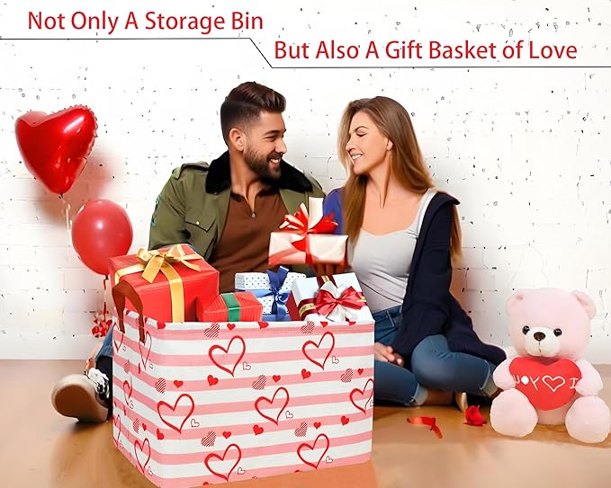 Large Valentine's Day Basket Heart Shaped Storage Bin for Gifts Collapsible Organizer Room Decor (Pink Horizontal Bar Love)