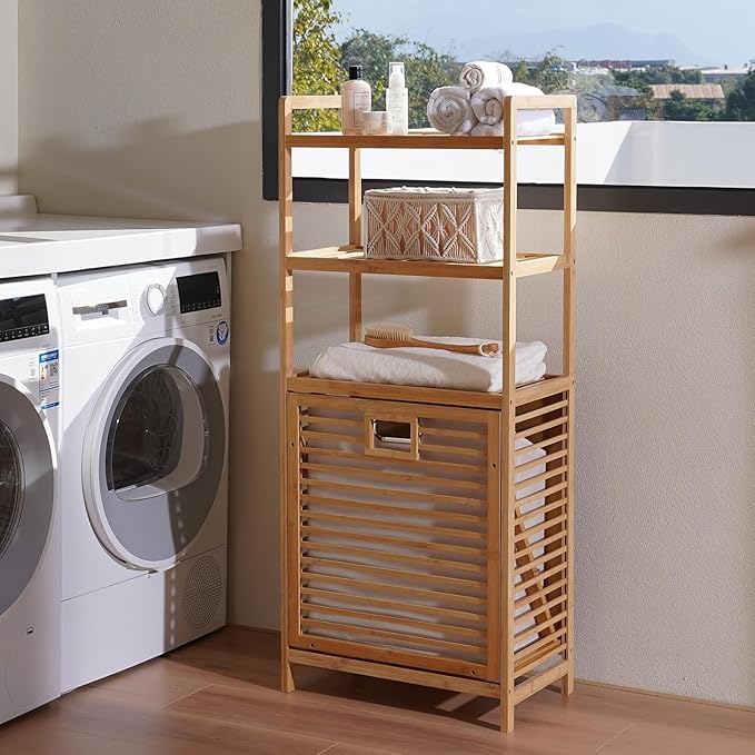 Bamboo Laundry Hamper with 3 Tier Shelves & Tilt Out Basket, Laundry Baskets Organizer Hampers Bathroom Storage Shelf for Laundry Room, Bathroom, Guest Room(3-Tier, Large)