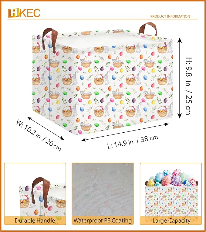 Rectangle Easter Egg Basket,Easter Gift Basket Empty with Handles,Cute Organizer Storage Bin,Books Box,Room Decor(Watercolor Eggs)