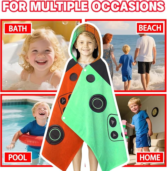 Hooded Towels for Kids- Ultra Soft 100% Cotton Video Game Gamepad Toddler Hood Bath Towels/Pool Terry Towel Beach Poncho Wrap Absorbent Cute Bath & Swim Wrap for Boys & Girls 3-10 Years