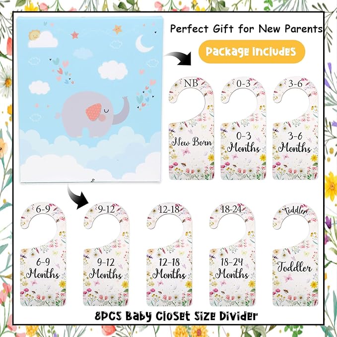 Baby Closet Dividers 8PCS, Wildflower/Floral Theme Wooden Double-Sided Clothes Size Hanger Organizer from Newborn to Toddler for Nursery Decor Baby Shower Birthday Gift