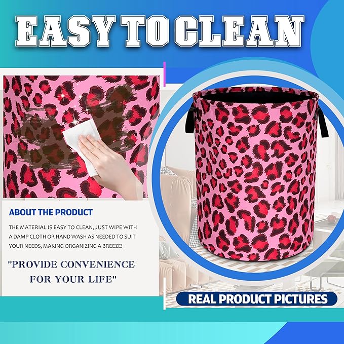 Pink Leopard Laundry Basket Oxford Cloth Funny Cheetah Skin Laundry Hamper With Handle Foldable Portable Clothes Storage Basket 18.9 X 16.5 In Storage Bag For Laundry Room/Bathroom/Bedroom/Dormitories