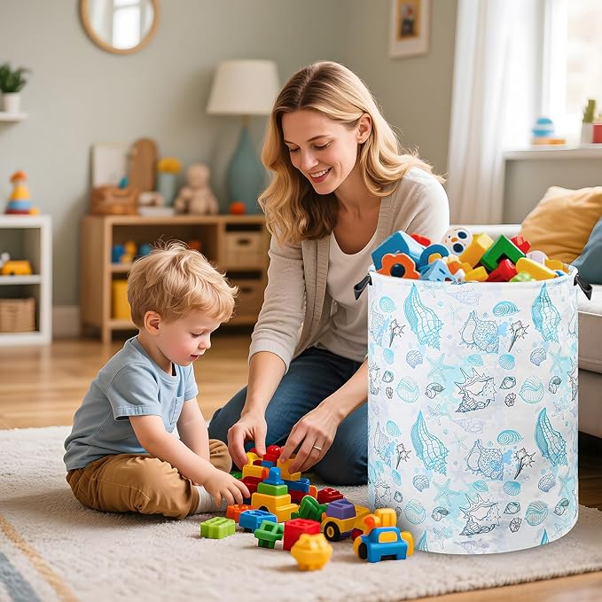 Beach Laundry Basket for Ocean Room Decor Coastal Sea Nursery Hamper Gift for Kids Boys Bin for Bathroom Bedroom Dorm, 17.71"x13.77"