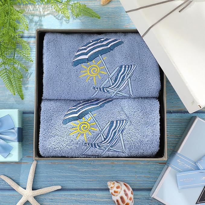 2 Pcs Beach Chair Hand Towels Slate Blue Bathroom Decor 14x29 Inch Embroidered 100% Cotton Soft Absorbent Spring Summer Decorative Hand Towels for Bathroom Kitchen