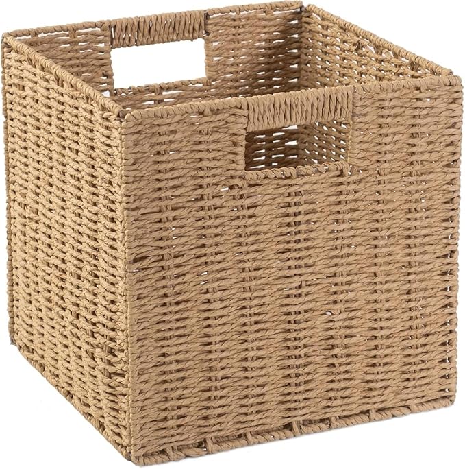 10.5x10.5in Storage Baskets Set Water Hyacinth Baskets,Foldable Handwoven Storage Cubes,Wicker Cube Baskets Laundry Organizer Totes for Bathroom, Bedroom, Laundry, Pantry, Shelves (1, Light Brown)