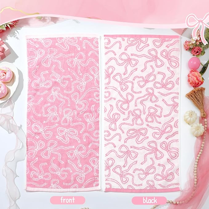 4 Pcs Coquette Pink Bow Hand Towels 13 x 29'' Soft 100% Cotton Absorbent Decorative Towels for Bathroom Kitchen Spring Easter Decor Galentine's Day Gifts