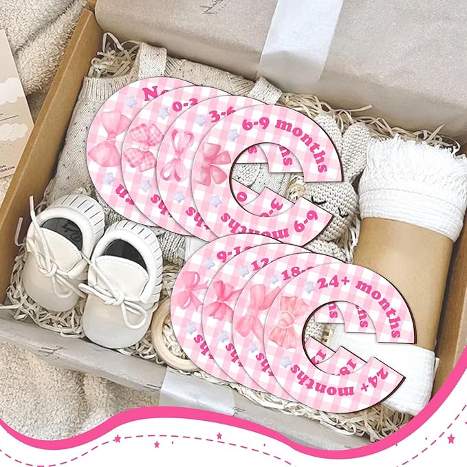8Pcs Baby Closet Dividers, Pink bow Baby Clothes Dividers for Closet, Newborn Baby Stuff for Baby Girls, Wooden Double-Sided Baby Hanger Organizer from Newborn to Toddler