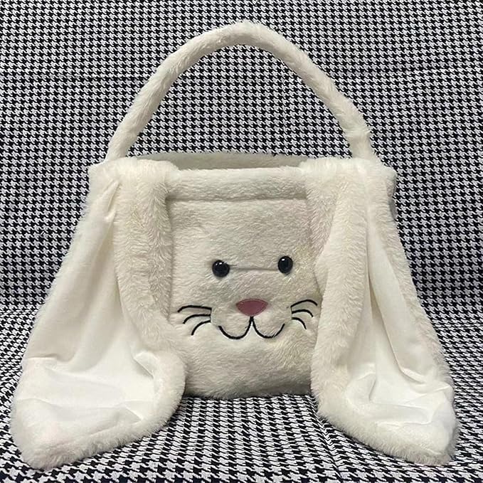 Plush Easter Bunny Basket Bags for Kids, Rabbit Bucket Tote with Long Fluffy Ears, Cute Egg Hunts Party Storage Candy Gifts Carry Bucket Decorations (White)