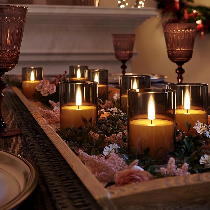 12Pack Flickering Flameless LED Candles with Timer, Battery Powered - Small Pillar & Votive, Grey (2"X3")