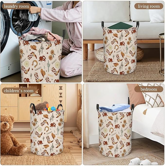Western Cowboy Cactus Laundry Basket for Boy, Large Canvas Collapsible Organizer Storage Laundry Hamper Basket for Nursery,Office,Toy Organizer,Home,Decor - 19.7" X 15.7 "