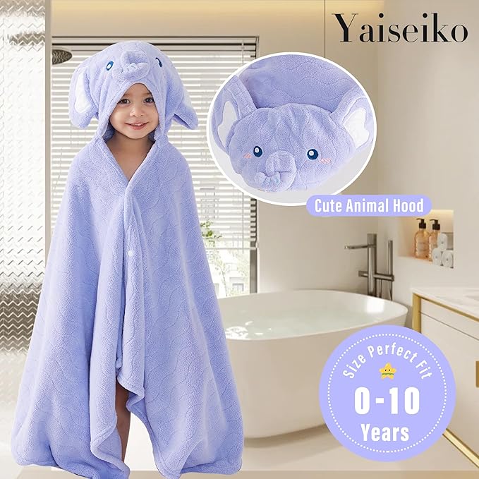 Hooded Towel for Kids, 2 Pack Coral Fleece Kids Bath Towels, Soft and Absorbent Toddler Towels with Hood Age 0-12 Years for Toddler, Infant, Kids - Large 27.5 X 55 inch (Blue Elephant&Brown Bear)