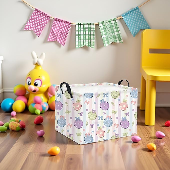HIYAGON Rectangular Easter Basket Fabric Storage Bin Boxes Collapsible Baby Girl Basket for Clothes Books Shelves Basket(Bowknot Egg)