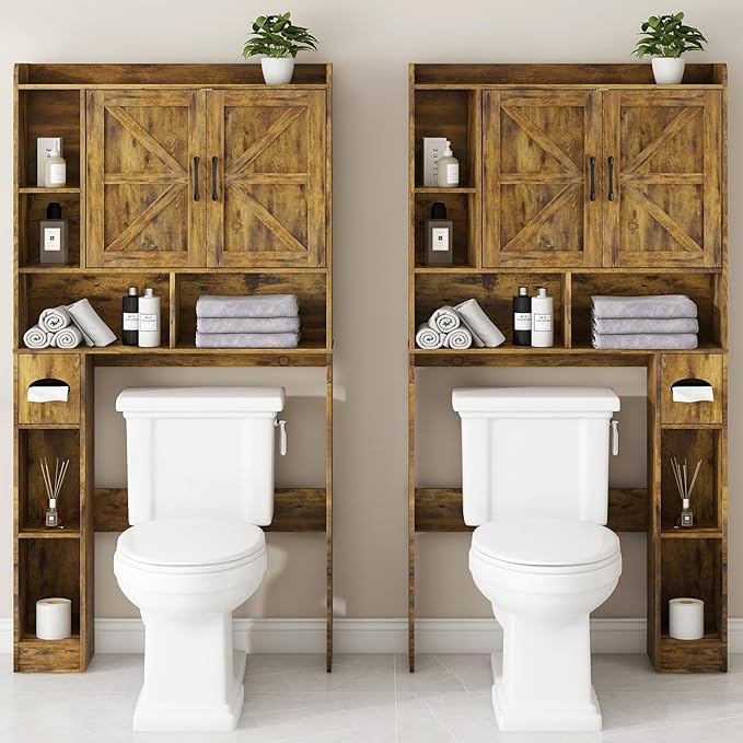 Vabches Over The Toilet Storage Cabinet, Farmhouse Storage Cabinet Over Toilet with 2 Barn Doors & Toilet Paper Holder Stand,Home Space-Saving Toilet Rack, for Bathroom, Restroom, Laundry.