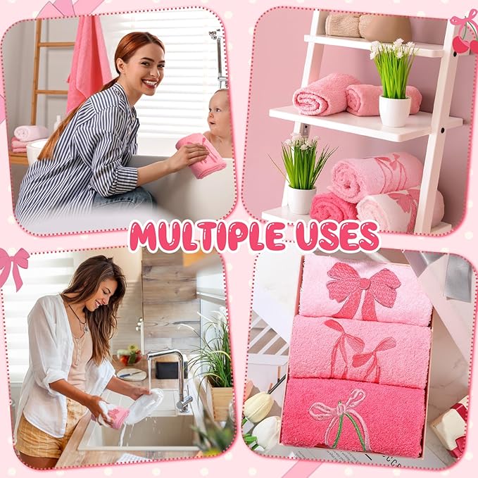 3 Pcs Pink Hand Towels for Bathroom Coquette Bow Embroidered Decorative Towel 100% Cotton Soft Absorbent Kitchen Facecloth Preppy Bathroom Decor Bridal Shower Wedding Gift 13.7 x 29.5''