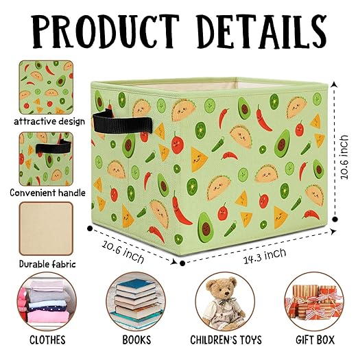 Green Mexican Taco Avocado Storage Bins Box with Handles, Chili Nacho Mexican Food Laundry Basket Hamper Collapsible Clothes Toys Organizer for Home Kitchen Kids Room Playroom