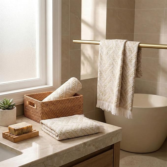 4-Pack Cotton Bathroom Hand Towels – Boho Cotton Hand Towel Set with Jacquard Weave & Fringe, 13"x29.1" Absorbent Soft Face Set for Kitchen, Bathroom, Guest Tea Gift (Brown, White)