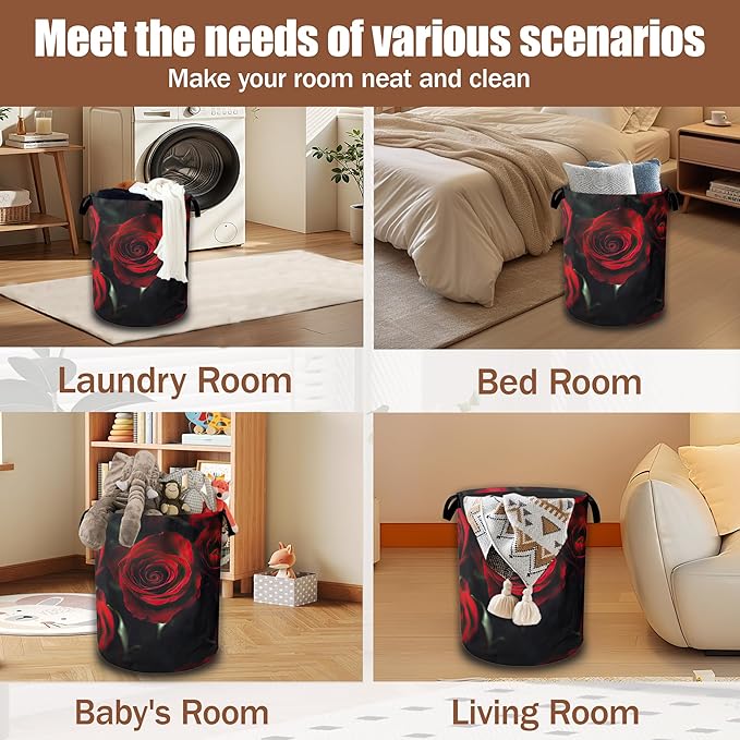 Laundry Hamper,Red Rose Collapsible Laundry Baskets Waterproof Oxford Cloth With Handles,Clothes Storage Bucket Toy Organizer For Bathroom/Nursery/Bedroom 16" x 20.8"