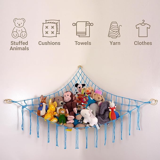 Large Stuffed Animal Hammock Corner - Stuffed Animal Storage - 100% Natural Cotton Macrame Stuffed Animal Net - Stuff Animal Organizer - Net For Stuffed Animals Corner Large-Blue
