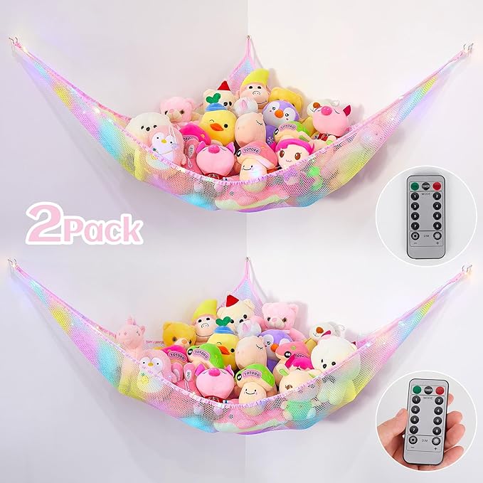 Basumee Stuffed Animals Net or Hammock with LED Light Hanging Toy Net Hammock for Stuffed Animals Storage Stuff Animals Hammocks for Nursery Room with Remote Control, 8 Kinds of Lights(Pack of 2)