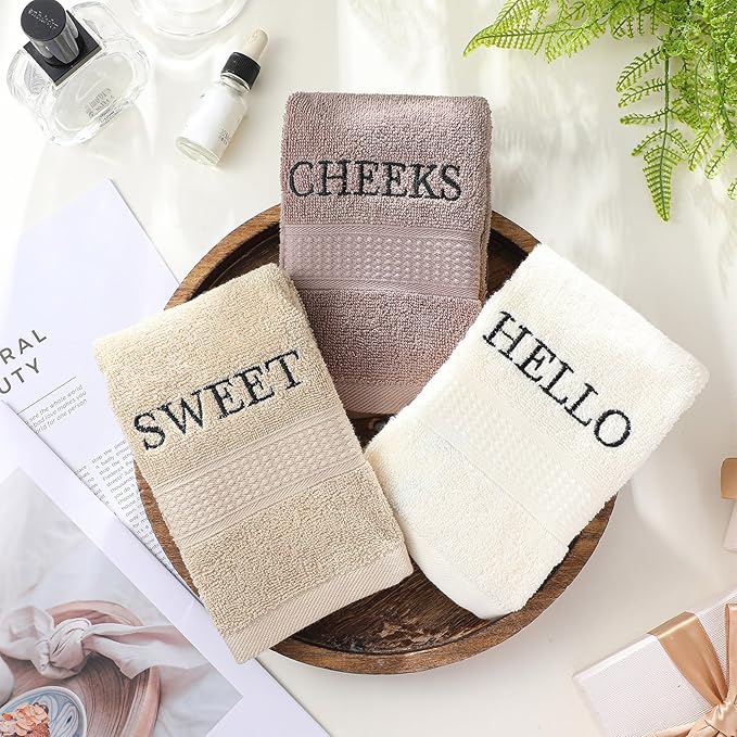 3 Pcs Hello Sweet Cheeks Hand Towels Farmhouse Decorative Embroidered Bathroom Hand Towels Rustic 100% Cotton Hand Towels Set for Boho Bathroom Kitchen Decor