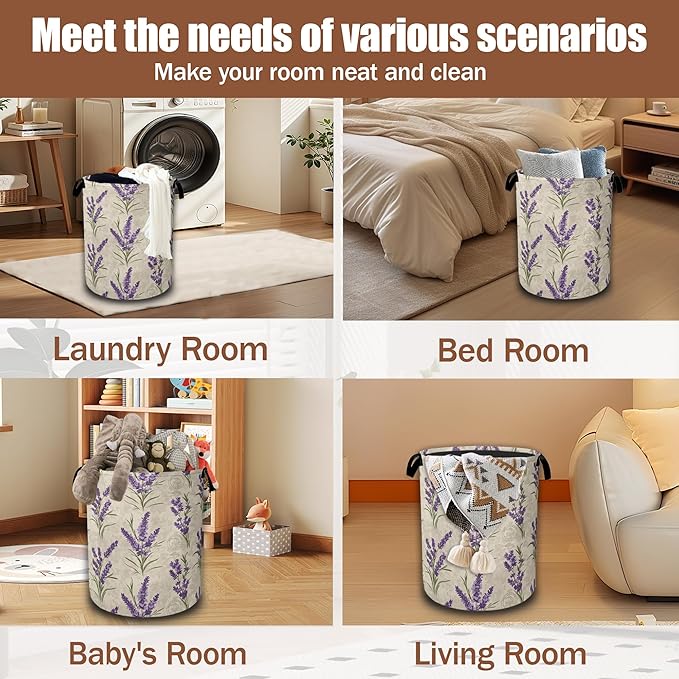Purple Lavender Flowers Laundry Basket,Waterproof Foldable Laundry Hamper,Dirty Clothes Basket, Linen Bin Storage Organizer Collection 16" x 20.8"