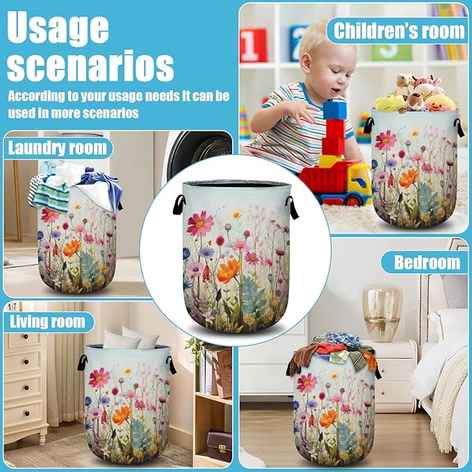 Colourful Blooming Wildflower Laundry Basket, Laundry Hamper Collapsible Oxford Cloth with Handle Clothes Toy Storage Bin for Bathroom Laundry Room Bedroom 15.7 X 20 Inch