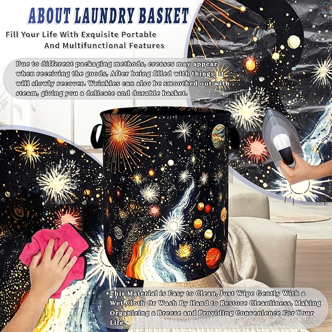 Colorful Planet Starry Sky Laundry Basket Foldable Galaxy Laundry Hamper With Handle Oxford Cloth Portable Clothes Storage Basket Laundry Bag 18.9"x16.5" For Laundry Room/Bedroom/Bathrooms