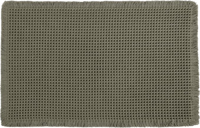 Hiasan Waffle Bath Mat, Super Absorbent Non Slip Bathroom Boho Rug with Tassels, Machine Washable Bath Mats for Bathroom, Ultra Soft Rubber Backed Rug, Grayish Green, 20 x 32 Inches
