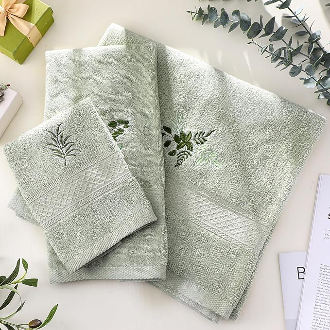 3 Pcs Eucalyptus Leaves Bathroom Towel Set Farmhouse Embroidered Eucalyptus Leaves Towels Vintage Decorative 100% Cotton Bath Towel Highly Absorbent Elegant Summer Decor Set for Bathroom