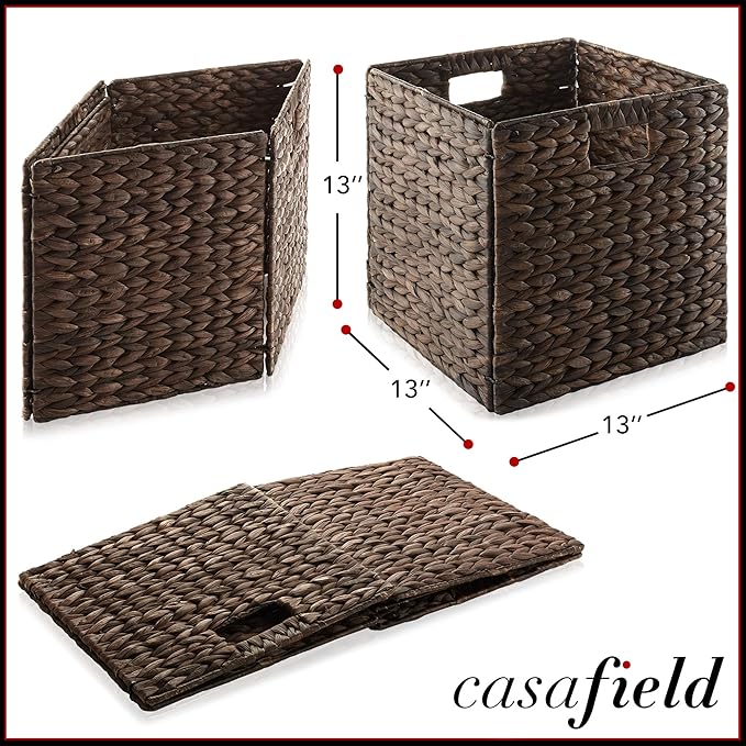 Casafield 13" x 13" Water Hyacinth Storage Baskets, Espresso - Set of 6 Collapsible Cube Organizers, Woven Bins for Bathroom, Bedroom, Laundry, Pantry, Shelves